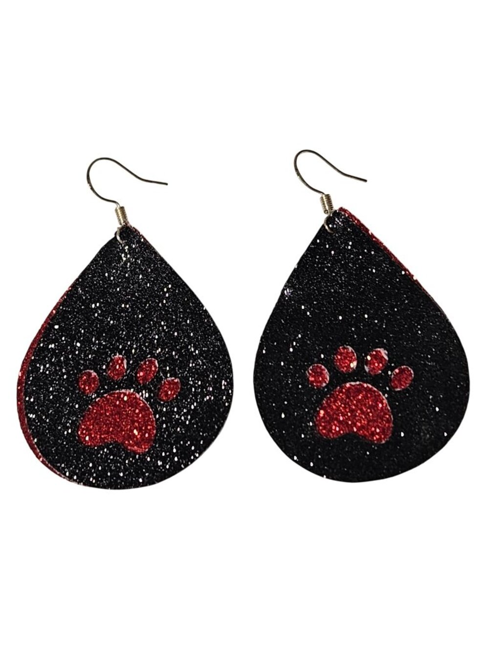 Handmade Paw Print Earrings Dog Lover Black Red Glitter Faux Leather Fabric